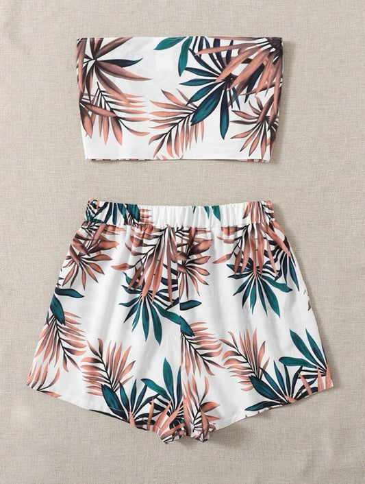 Tropical Print Tie Front Tube Top & Shorts Set - Luxe Aura JA